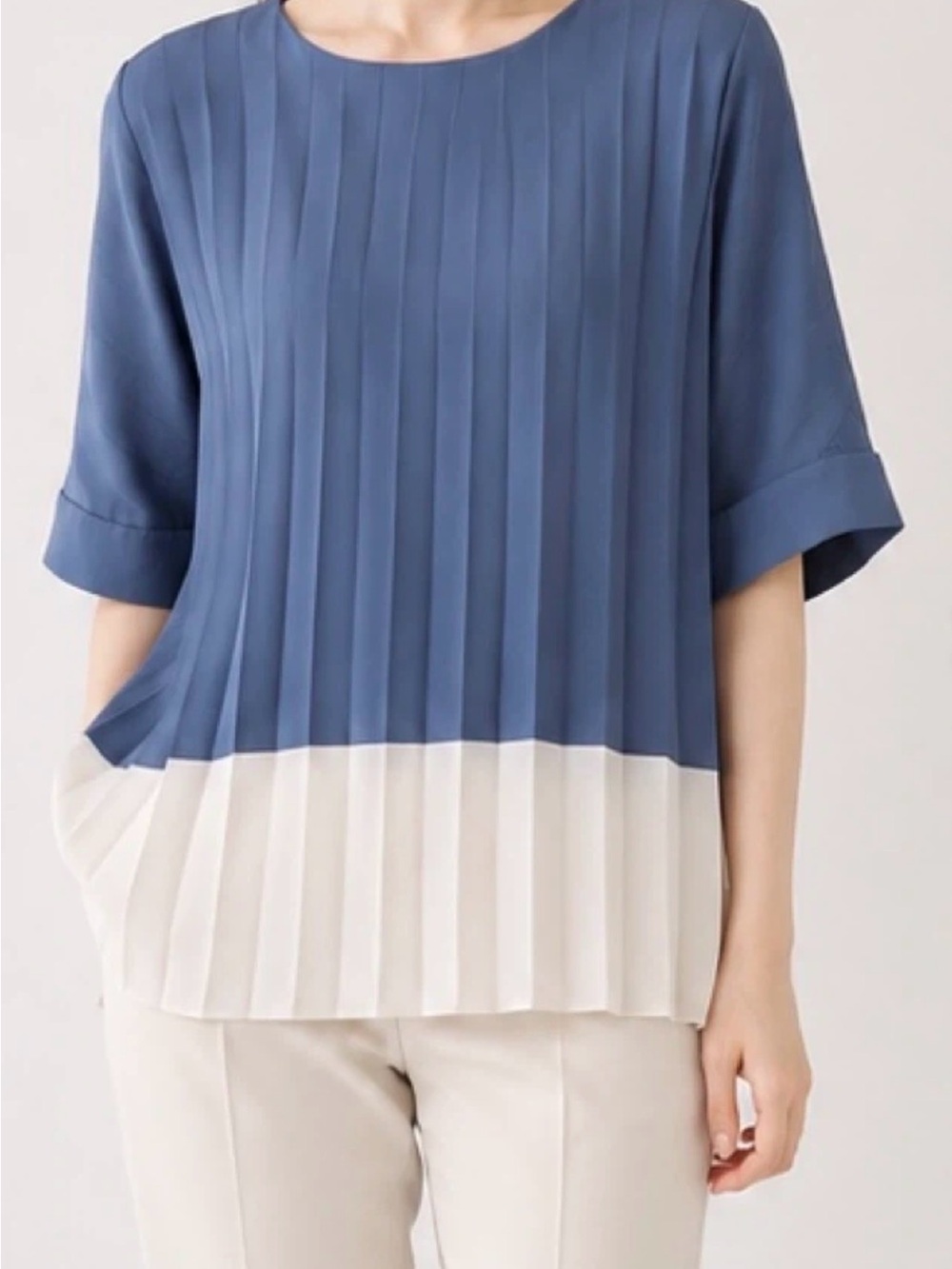Blue and Cream Pleated Colorblock Blouse